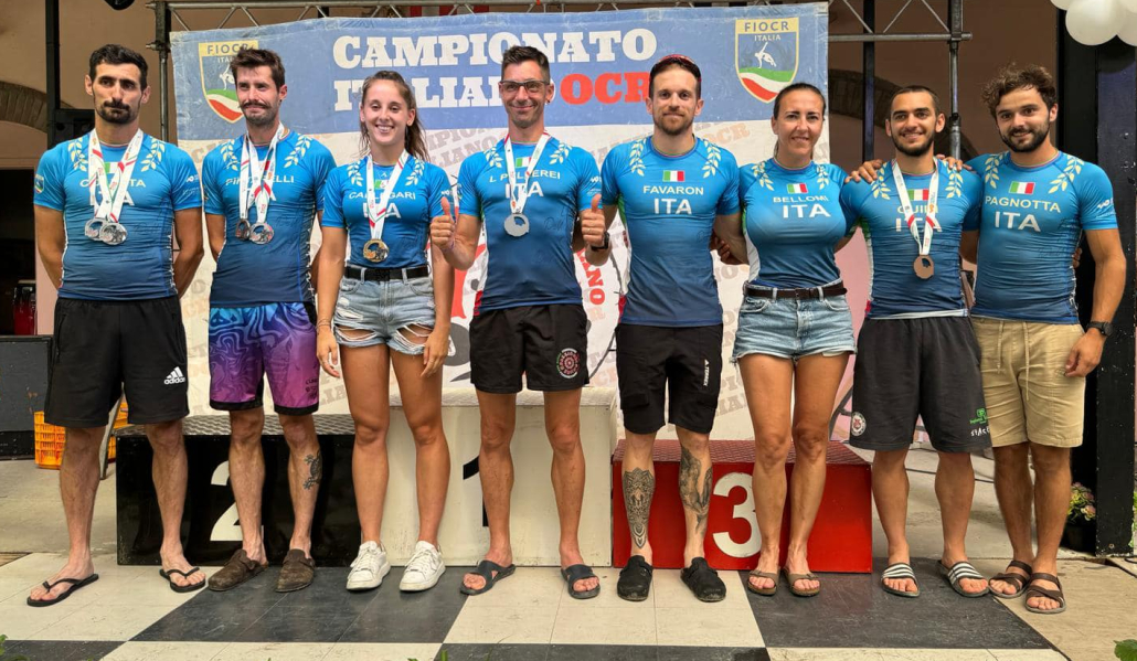 i vincitori (non tutti) di una medaglia ai recenti Europei OCR 2024 (DA SX COLETTA, PINTARELLI, CALLEGARI, PELLEREI, FAVARON, BELLOMI, GUIDI, PAGNOTTA) 